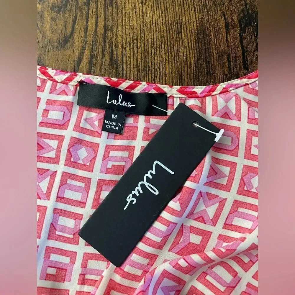 Lulus Red Multi Print Satin Short Sleeve Wrap Top - Picture 8 of 12